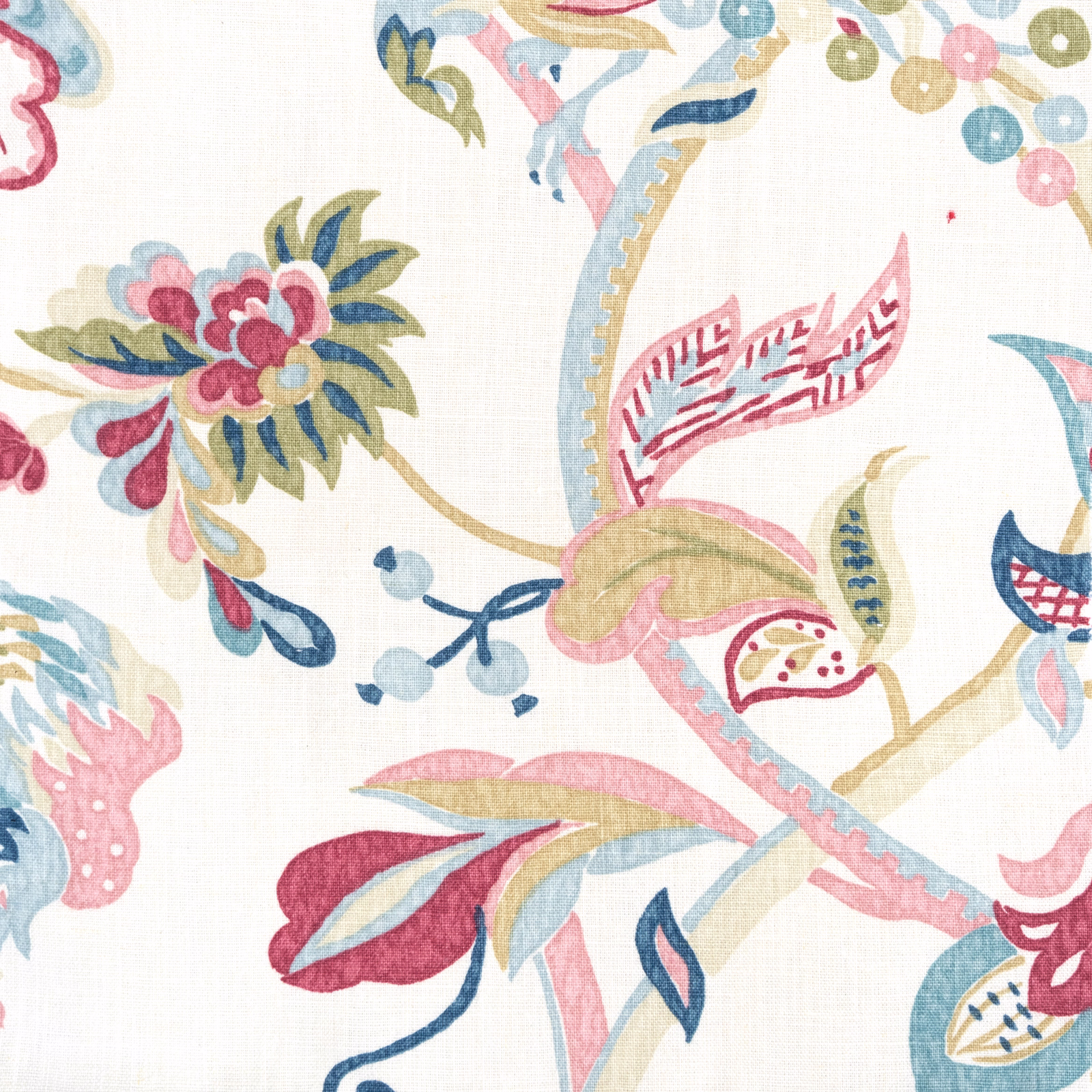 Pastel botanical trail fabric on a light ground with pink, blue and green leaves