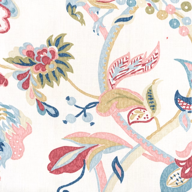 Pastel botanical trail fabric on a light ground with pink, blue and green leaves