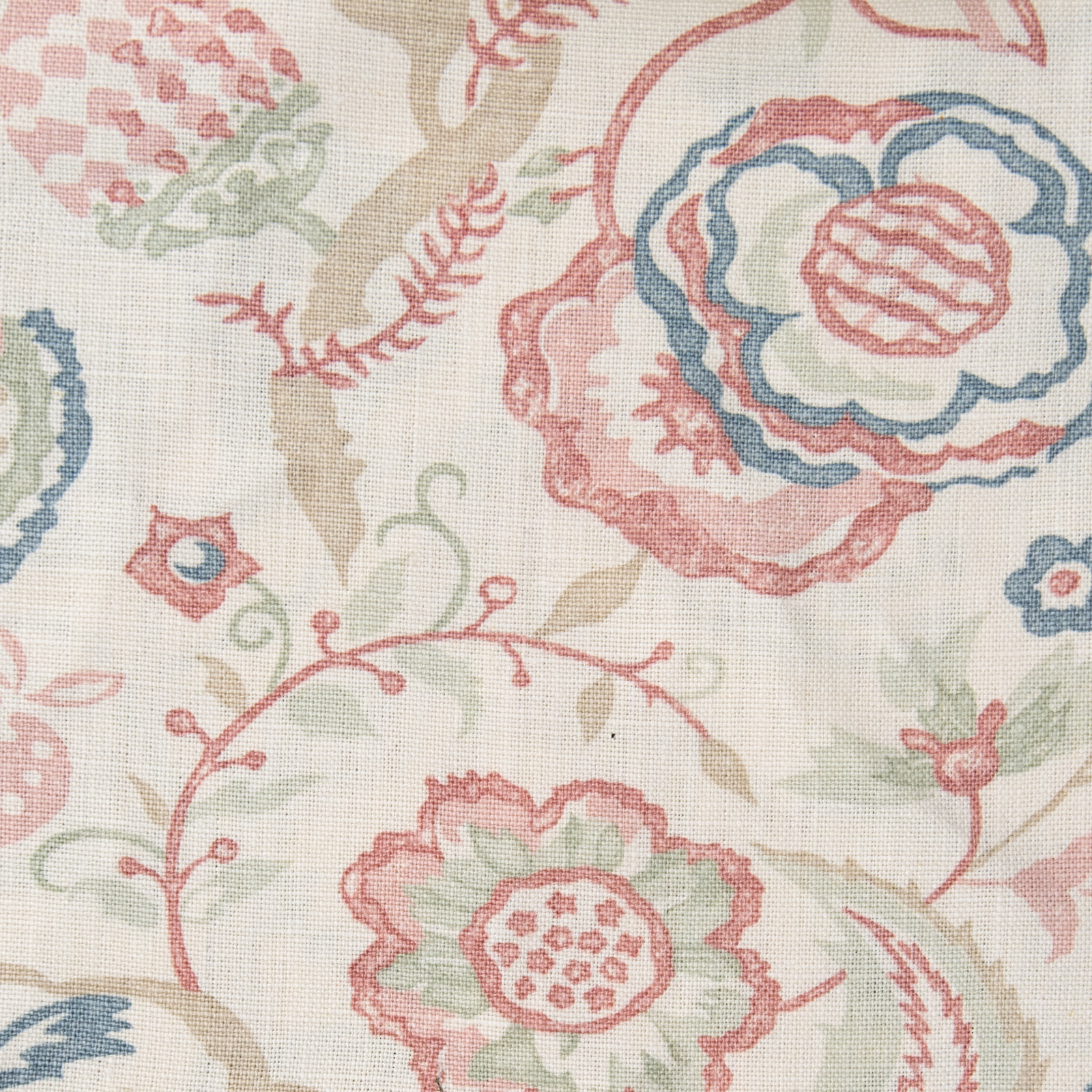 Cream fabric swatch with faded rose, blue and sage floral print