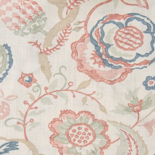 Cream fabric swatch with faded rose, blue and sage floral print
