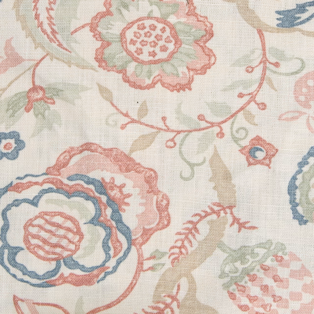 Cream printed fabric with large pastel floral motifs in pink, blue and sage