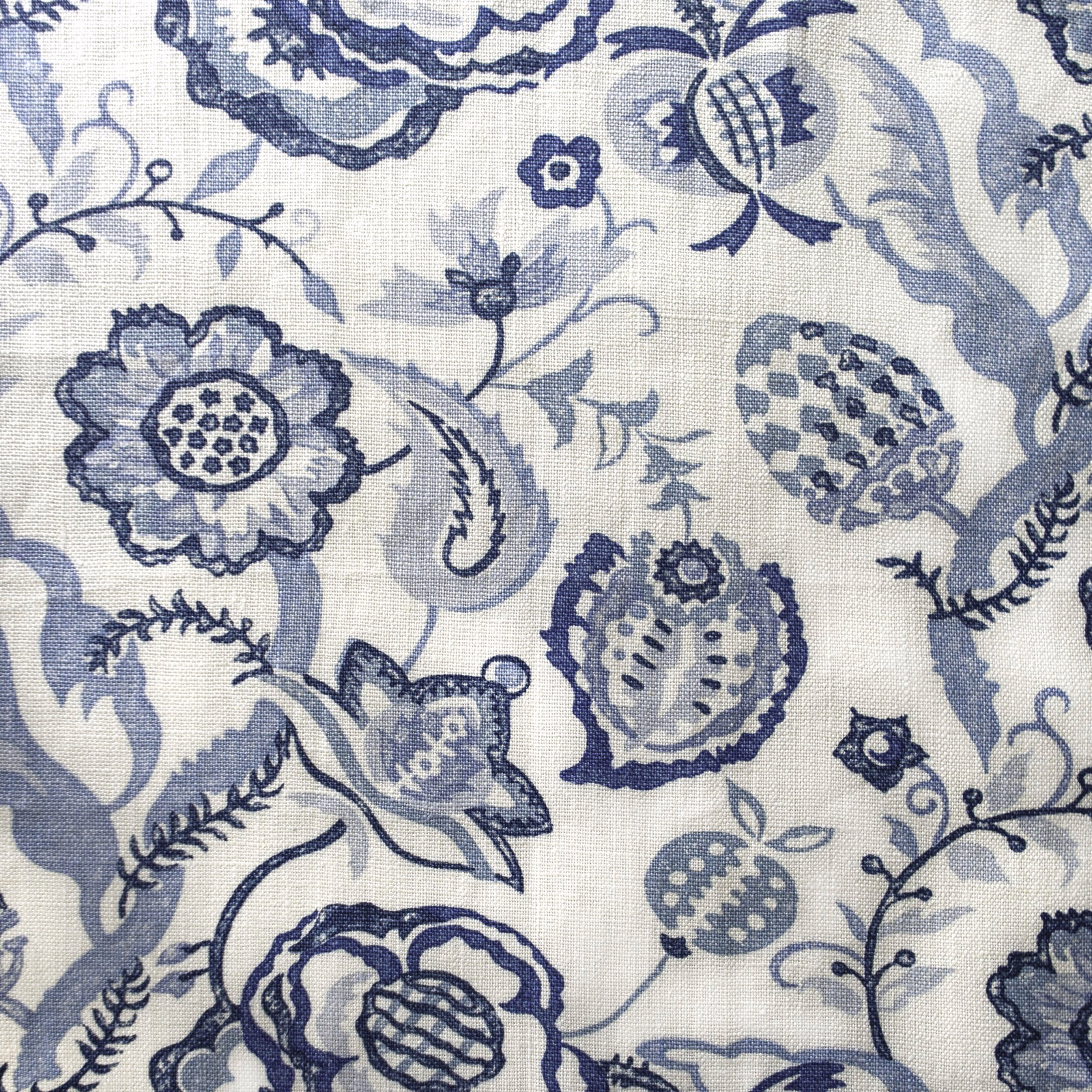 Blue and ivory floral printed fabric with scrolling stems and textured weave