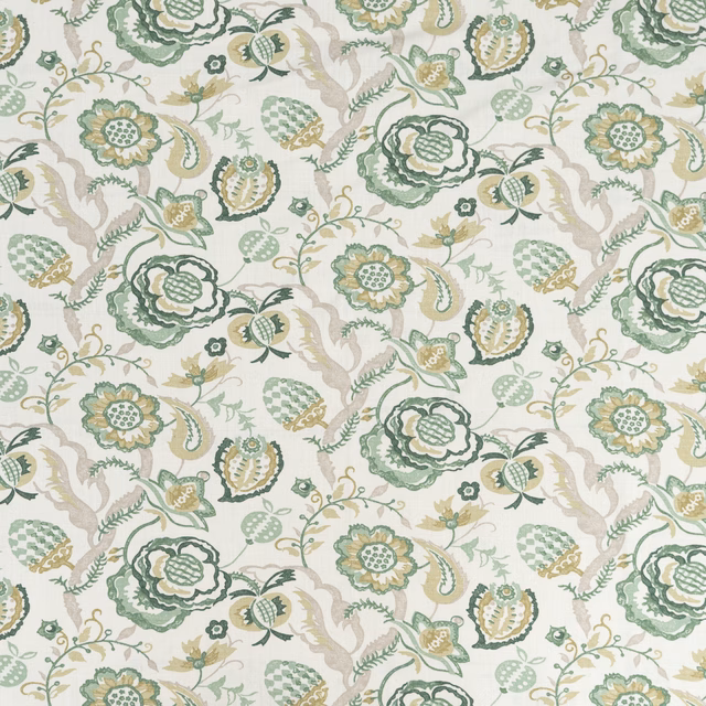 Cream fabric swatch with sage green and pale gold floral motif
