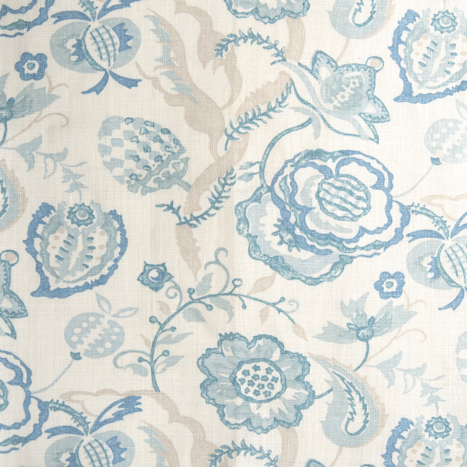 Pale aqua botanical print on a light textured fabric ground