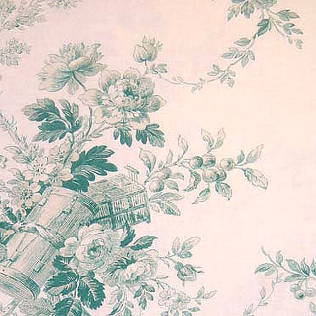 Pale blush pink toile fabric with green floral and scenic motifs