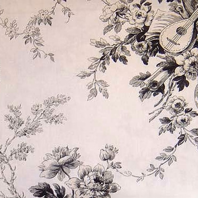 Ivory toile fabric with charcoal floral and musical motif print