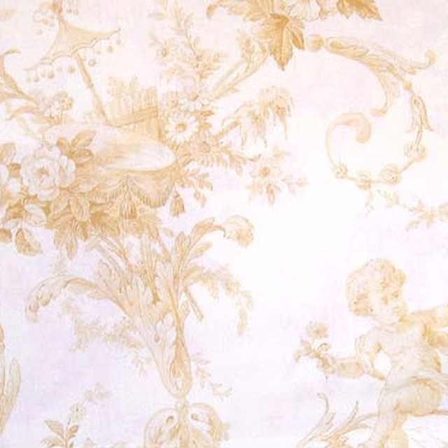 Pale ivory toile fabric with large antique-gold floral and scroll motifs