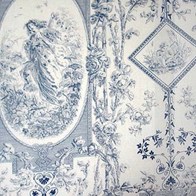 Blue-grey toile fabric with scenic medallions and floral scroll motifs