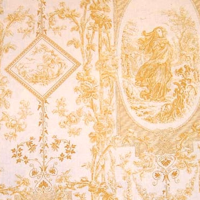 Pale gold toile damask fabric with oval medallions on a light ground