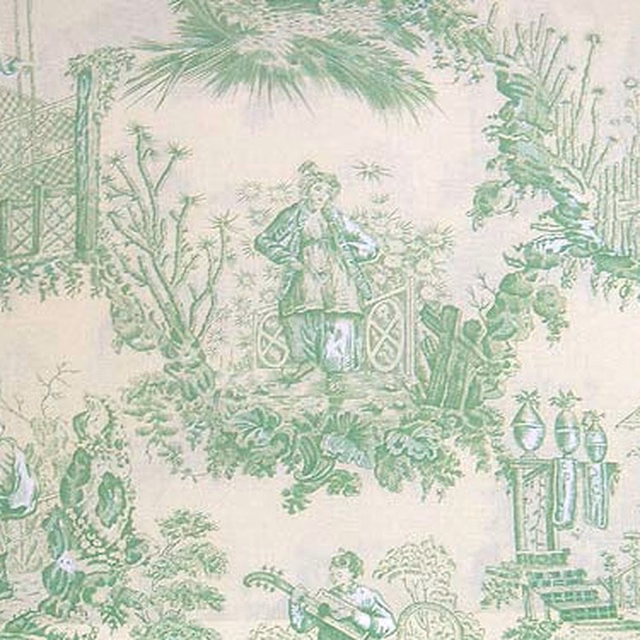 Pale mint green toile print on a cream ground with pastoral figures