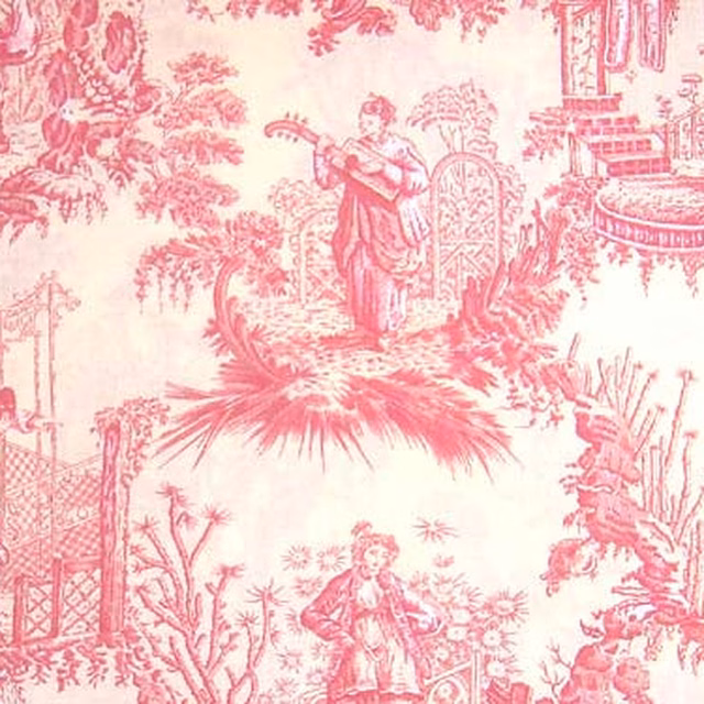 Pink and cream toile fabric with large pastoral figures and trees