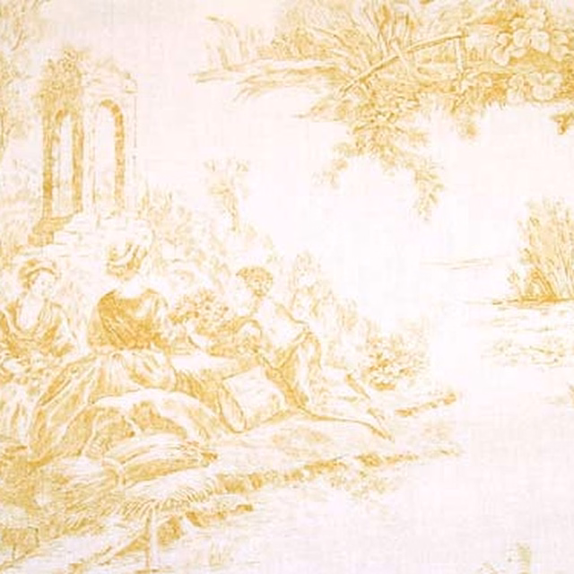 Cream toile fabric with pastoral scene printed in warm golden lines