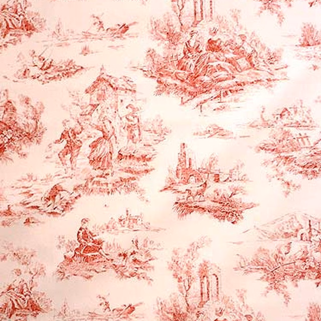 Large-scale pastoral toile in warm cinnamon red on a pale ivory ground