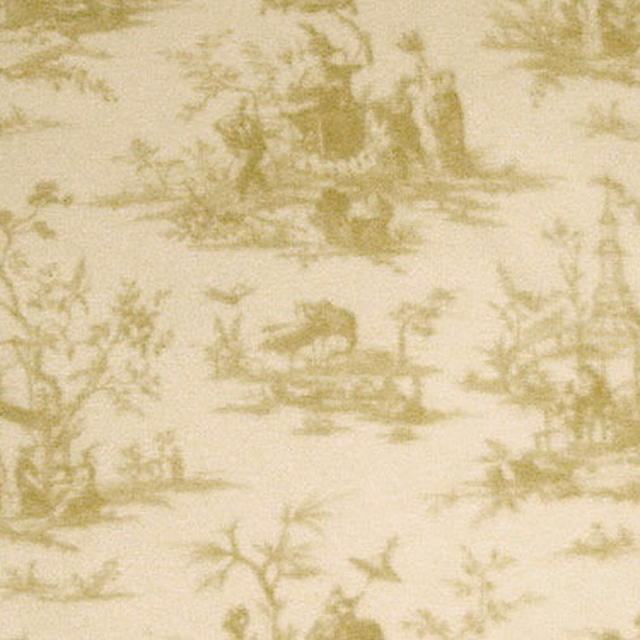 Pale toile fabric with soft olive scenic print and airy vintage look