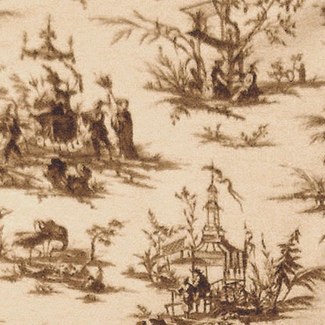 Cream toile fabric with teak-brown scenic figures, trees and pavilion motifs