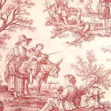 Rose pink toile scenic print on a pale cream fabric ground
