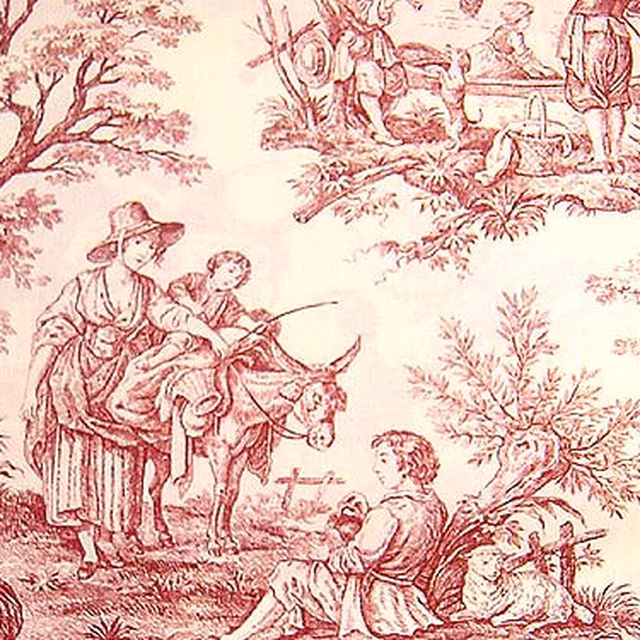 Rose pink toile scenic print on a pale cream fabric ground