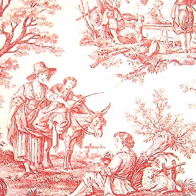 Rose-pink pastoral toile print with figures, trees and animals on a pale ground