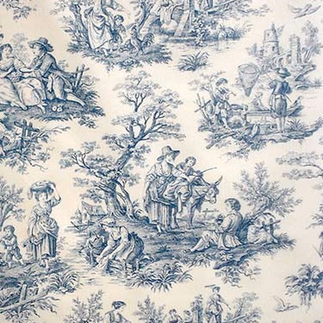 Blue and cream toile fabric with pastoral figures, trees and scenic vignettes