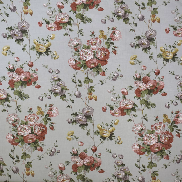 Pale grey floral fabric with scattered pink, sage and yellow bouquets