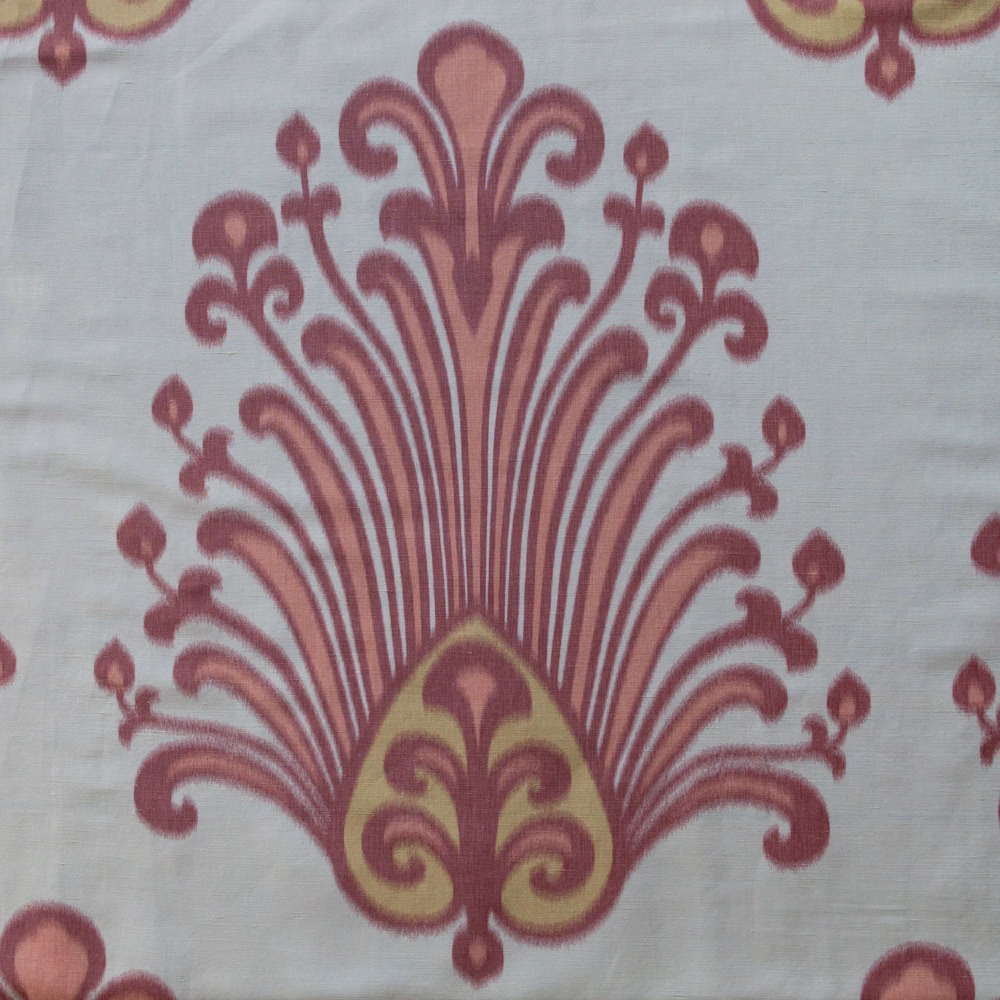 Large Carmen pink and yellow damask motif on a pale ivory fabric swatch