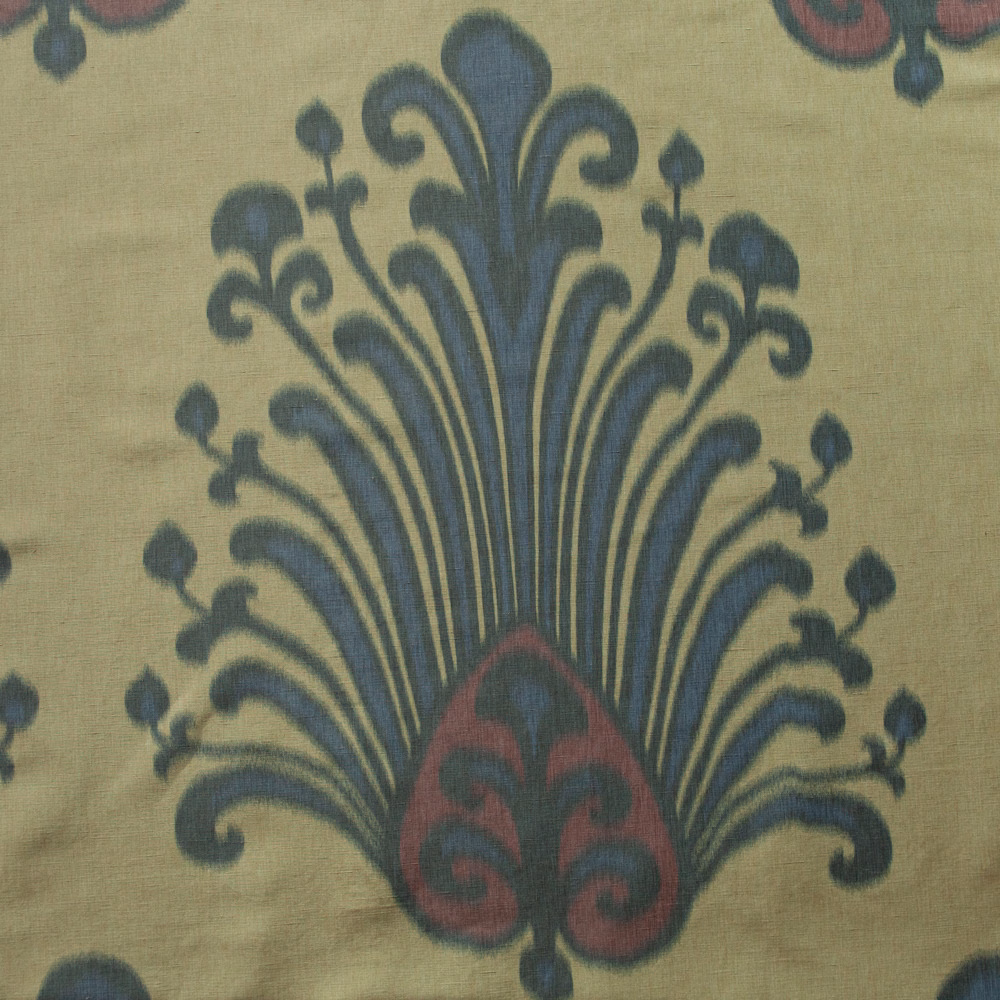 Prussian blue and bordeaux damask motif on a muted yellow-green ground