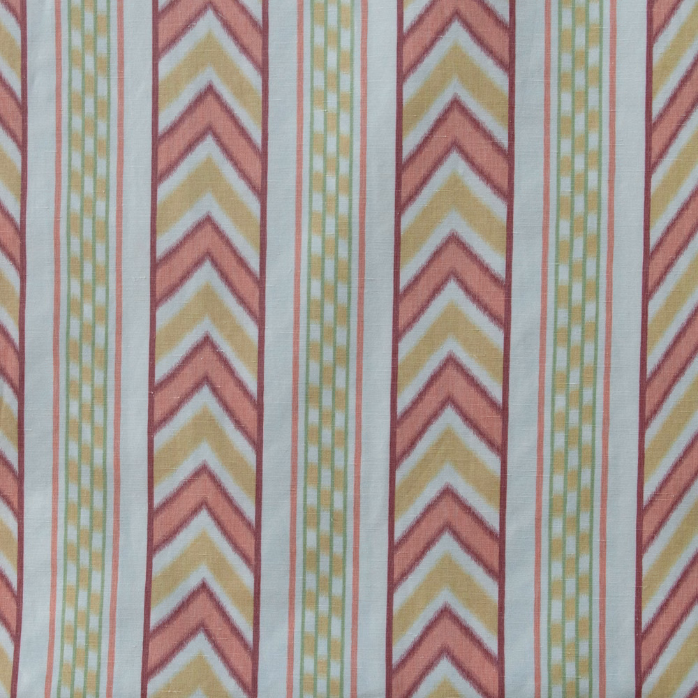 Coral pink and yellow chevron stripes with narrow green check bands on pale ground