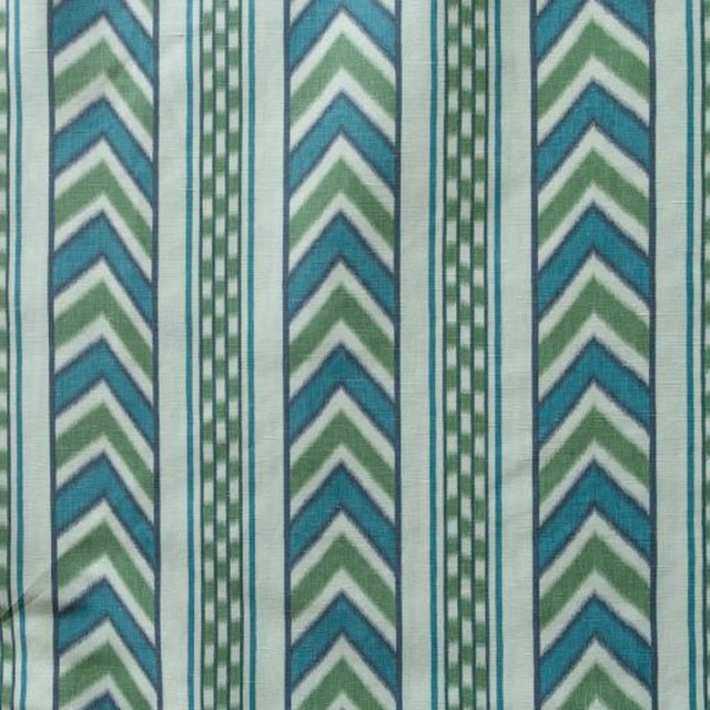 Lichen and sage chevron and pinstripe fabric with teal accents