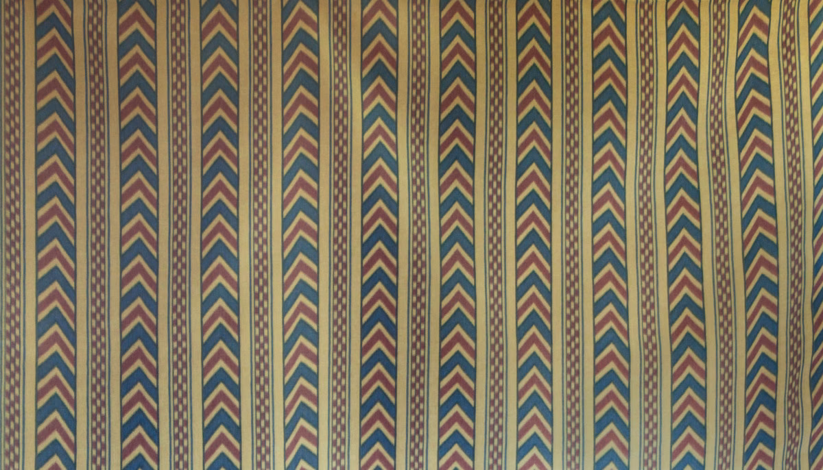 Vertical chevron stripe swatch in Prussian blue, Bordeaux red and ochre