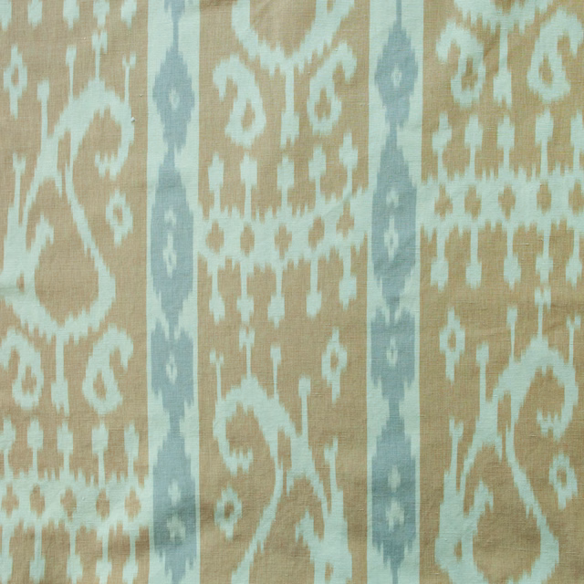 Sahara beige ikat paisley stripes with soft dove blue accents on woven fabric