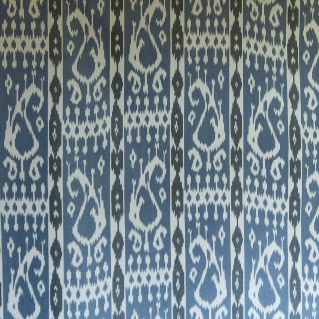 Vertical paisley and stripe pattern in ink blue and pale indigo tones