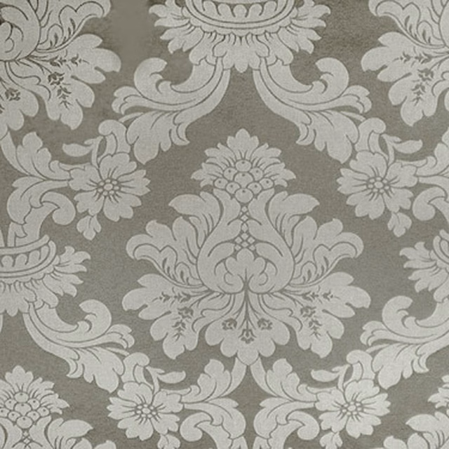 Silver-grey woven damask fabric with large scrolling floral motif