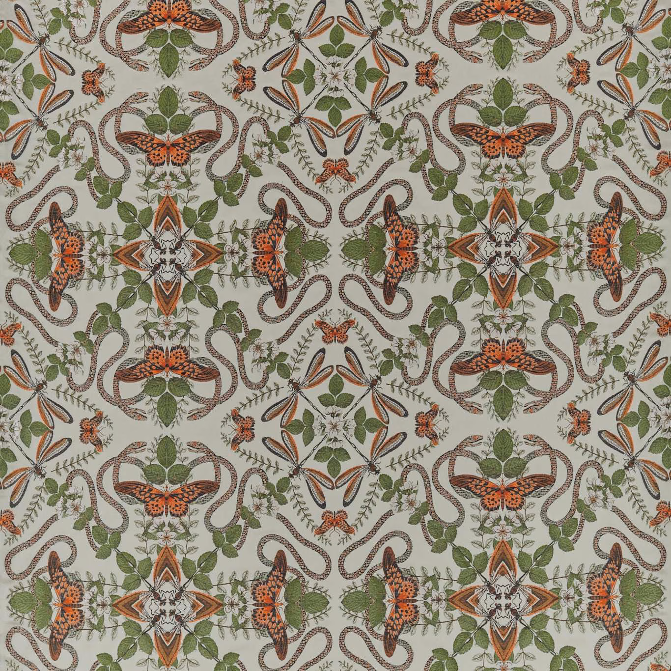 Smoky sage jacquard with rust winged motifs, olive leaves and taupe botanical scrolls