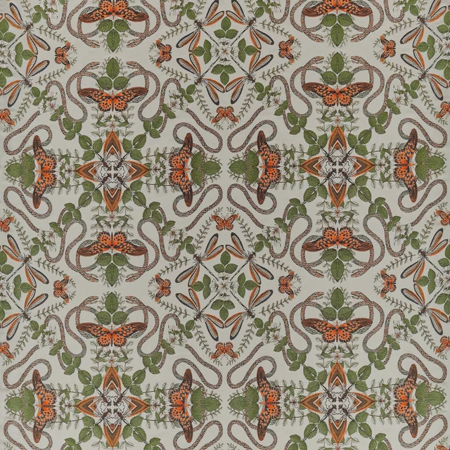 Smoky sage jacquard with rust winged motifs, olive leaves and taupe botanical scrolls