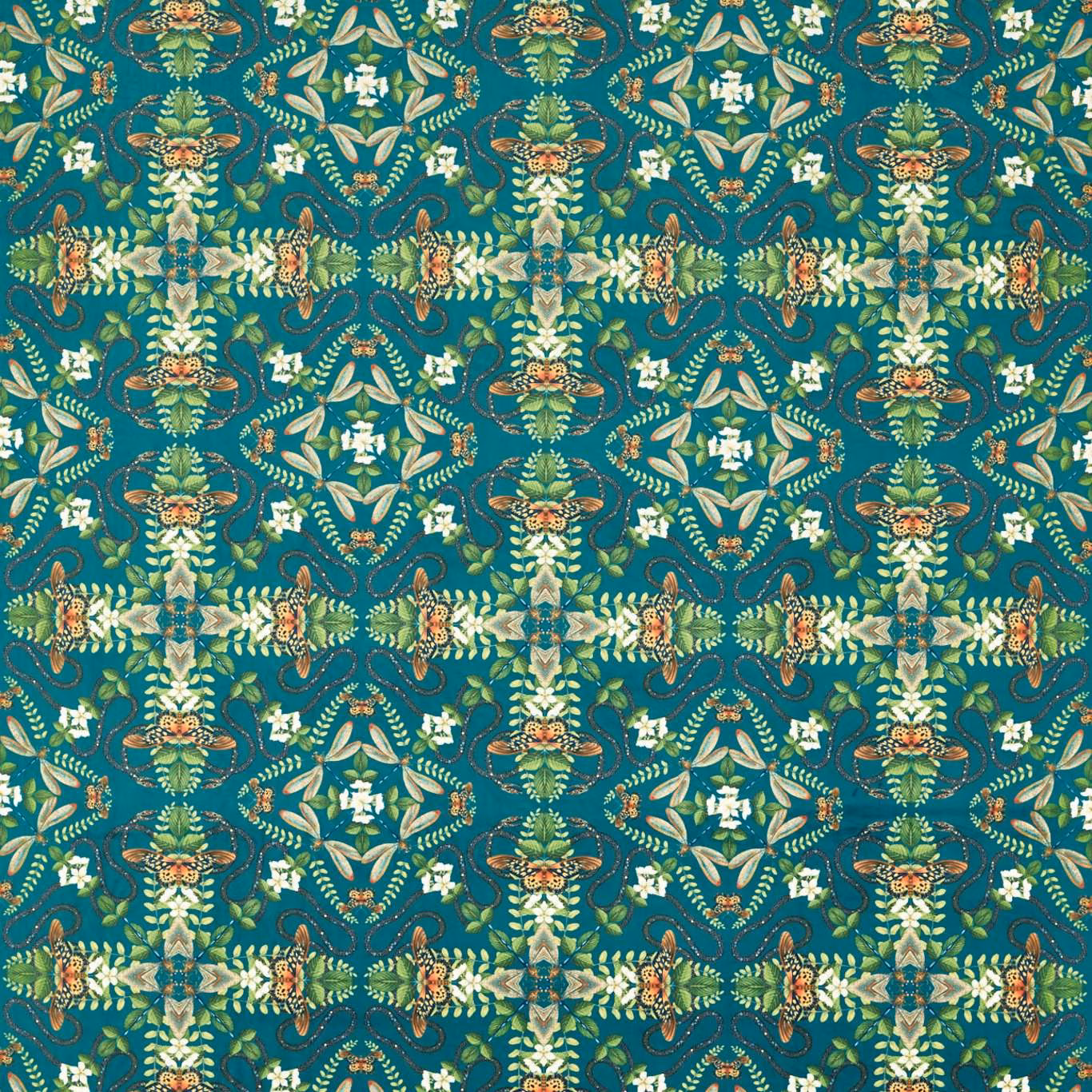 Saturated teal velvet with cream, sage and coral botanical lattice motifs