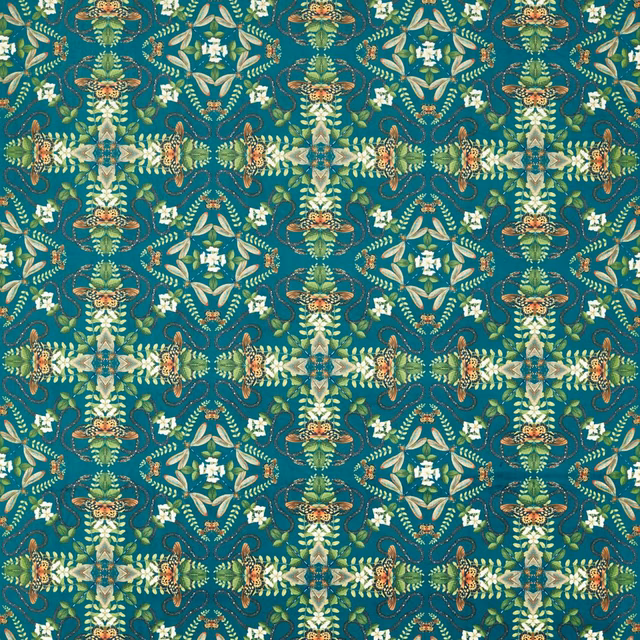 Saturated teal velvet with cream, sage and coral botanical lattice motifs