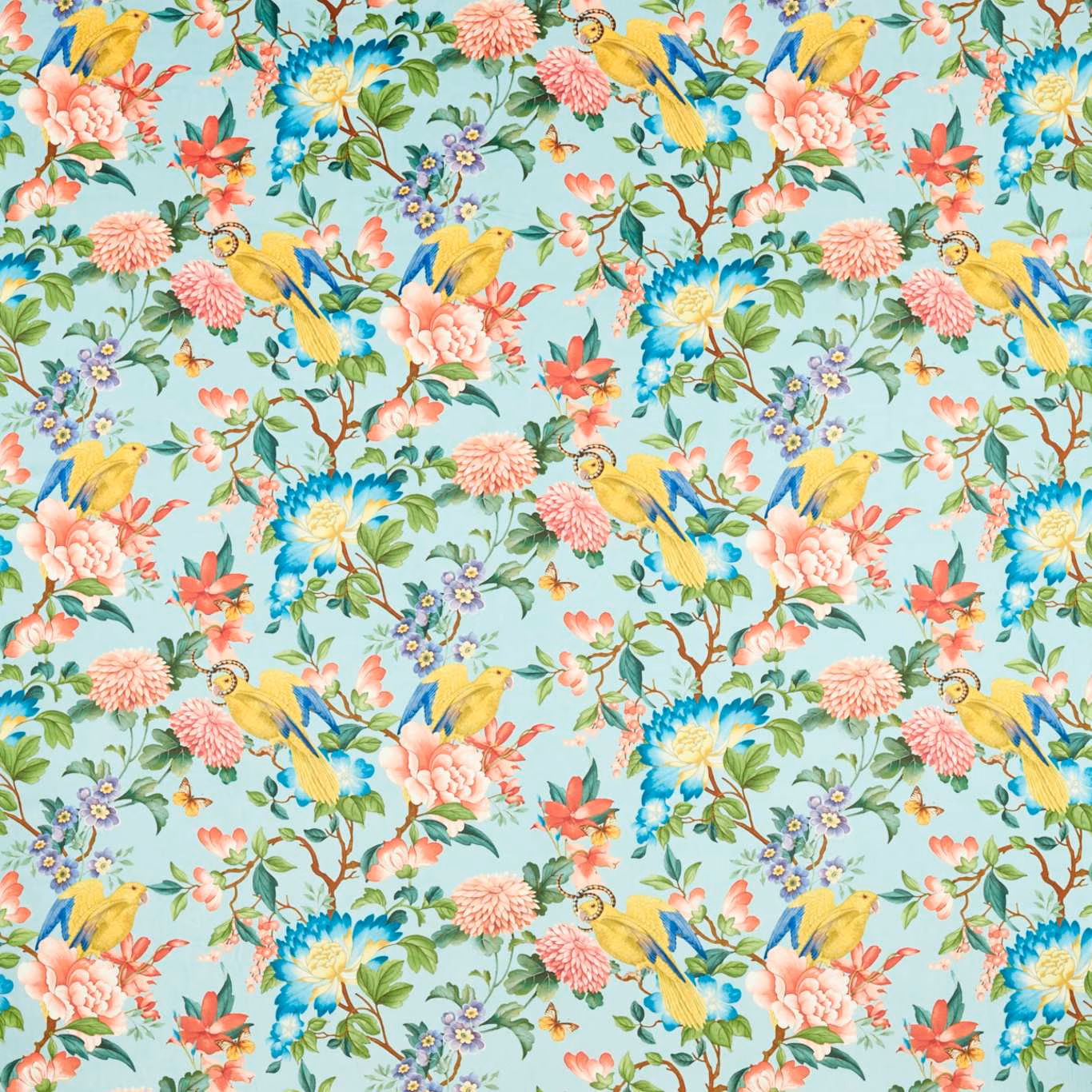 Mineral aqua velvet with yellow parrots, coral flowers and turquoise botanical blooms