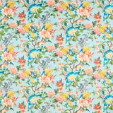 Mineral aqua velvet with yellow parrots, coral flowers and turquoise botanical blooms