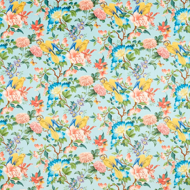 Mineral aqua velvet with yellow parrots, coral flowers and turquoise botanical blooms