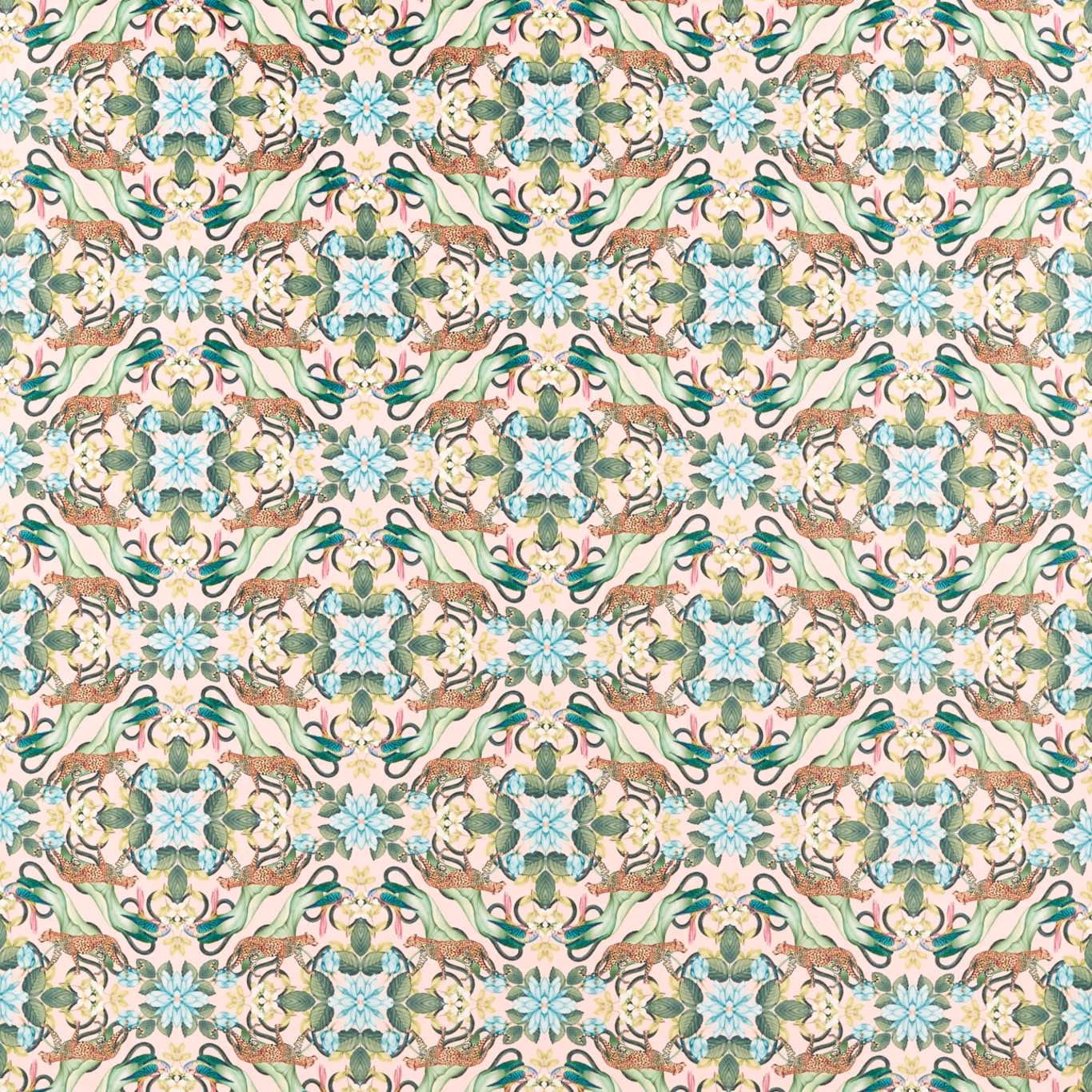 Blush velvet with aqua, sage, ochre and terracotta botanical medallions