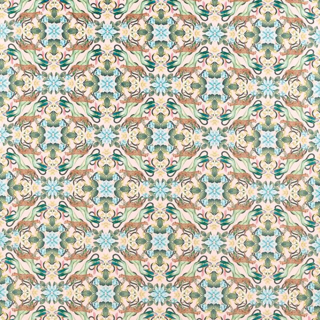 Blush velvet with aqua, sage, ochre and terracotta botanical medallions