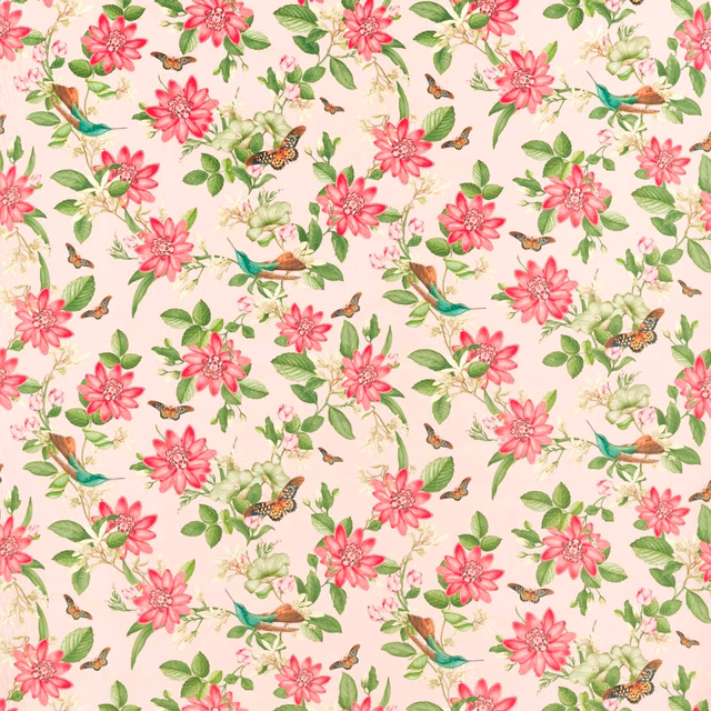 Blush velvet with coral flowers, green leaves, birds and butterflies