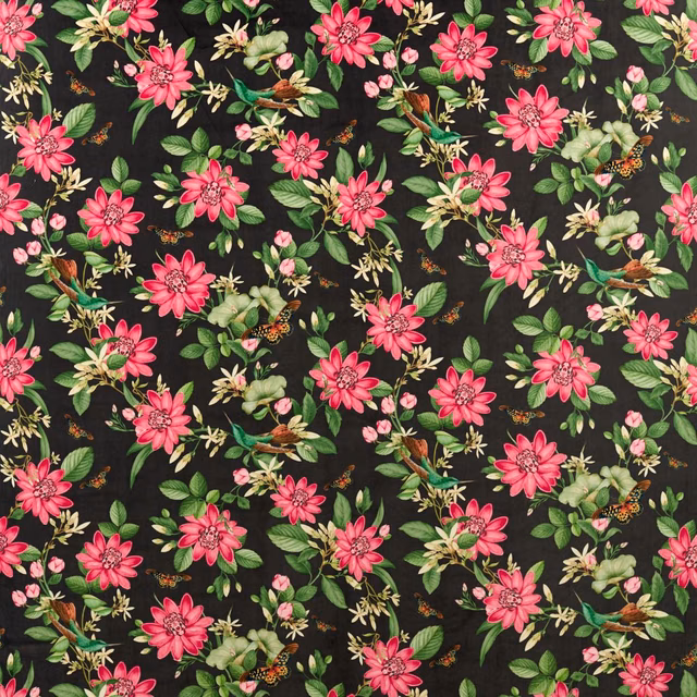 Near-black velvet with vivid pink flowers, green leaves and scattered botanical sprigs