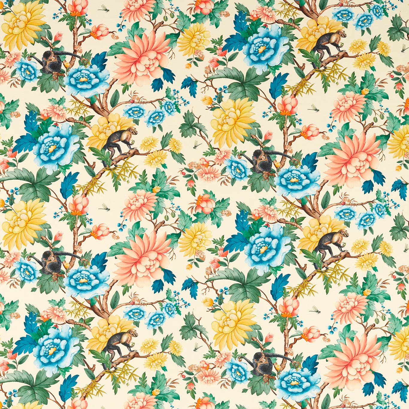 Ivory botanical fabric with coral blooms, blue flowers and perched monkeys