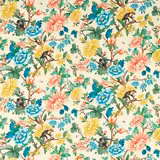 Ivory botanical fabric with coral blooms, blue flowers and perched monkeys