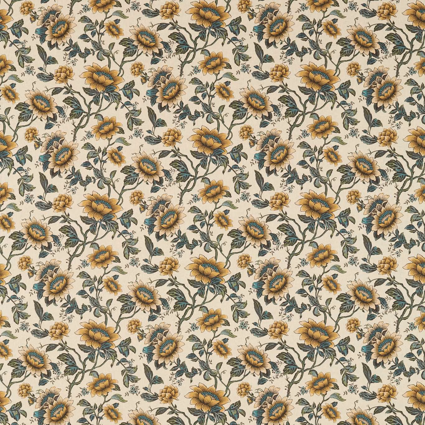 Pale chartreuse floral fabric with ochre blooms, teal centres and leafy vines