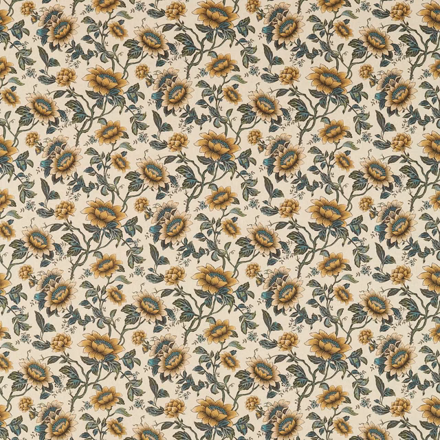Pale chartreuse floral fabric with ochre blooms, teal centres and leafy vines