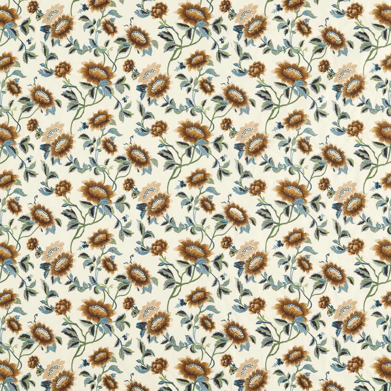 Ivory floral fabric with brown blooms, chartreuse leaves and blue-green stems