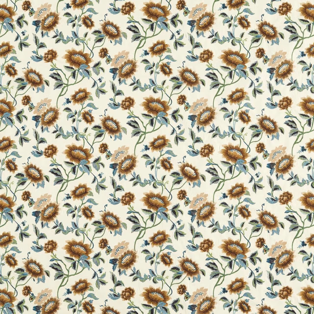 Ivory floral fabric with brown blooms, chartreuse leaves and blue-green stems