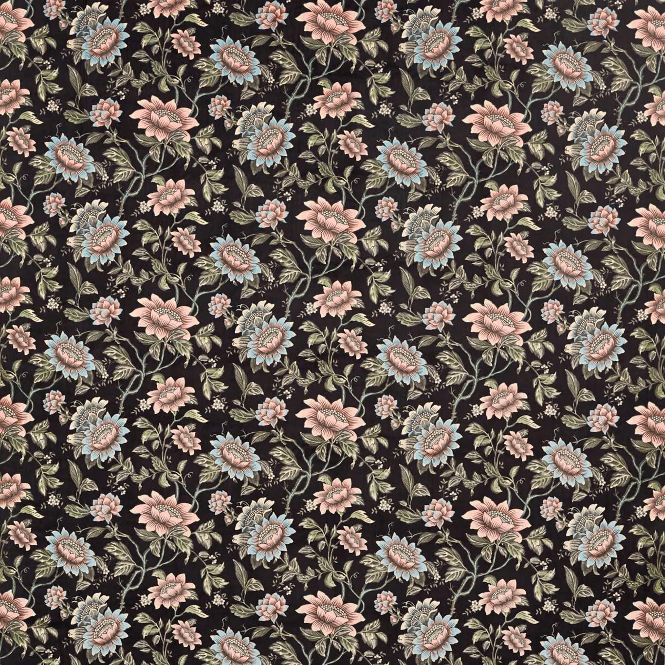 Near-black velvet covered in pink, blue and sage botanical flowers